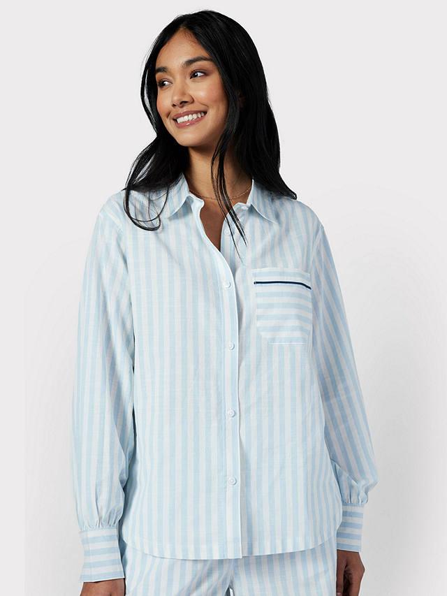Chelsea Peers Poplin Stripe Long Sleeve Pyjama Shirt, Blue