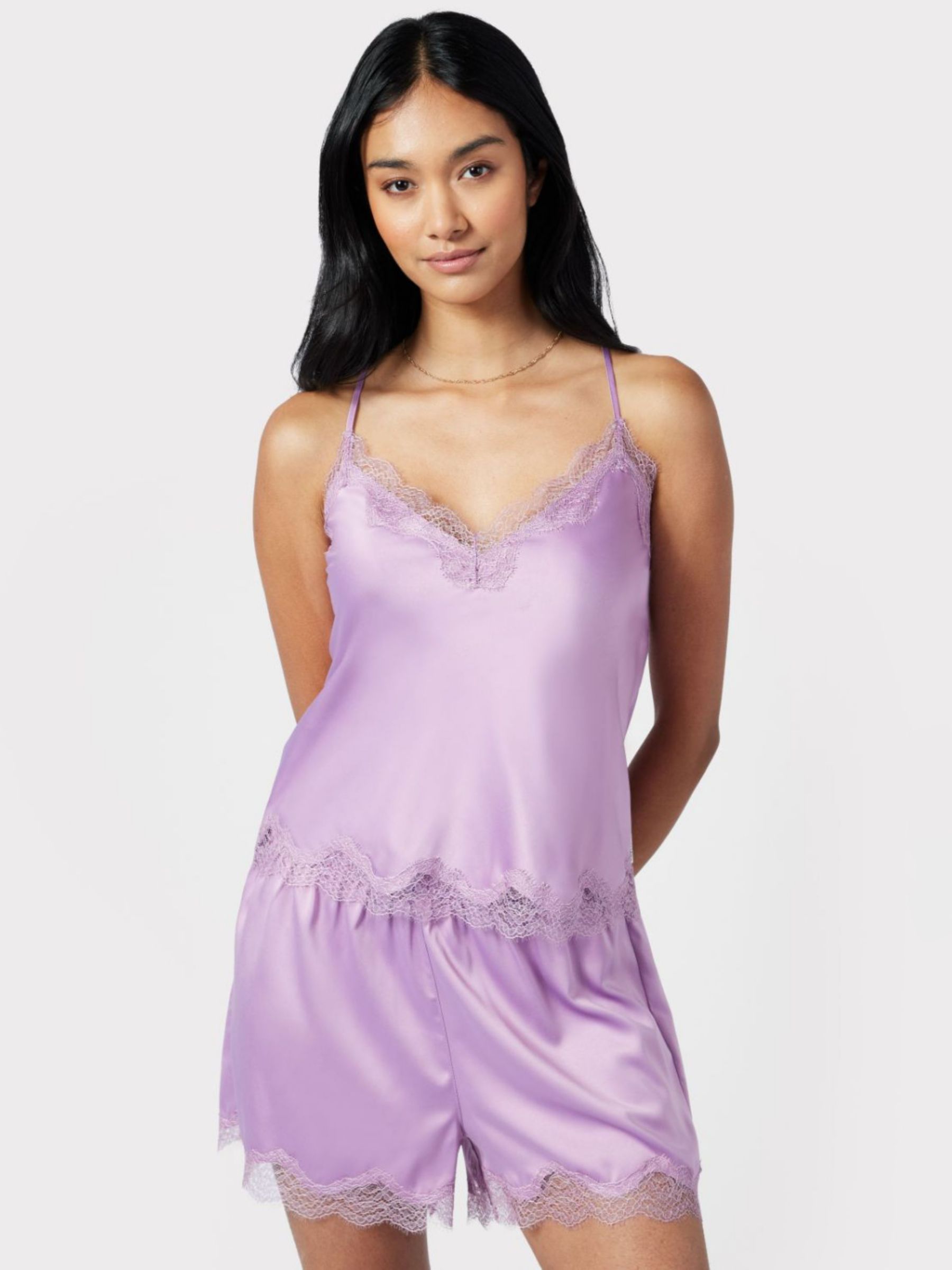 Chelsea Peers Satin Lace Pyjama Shorts Set, Lavender, 6