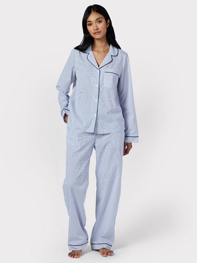 Chelsea Peers Poplin Stripe Long Pyjama Set, Blue