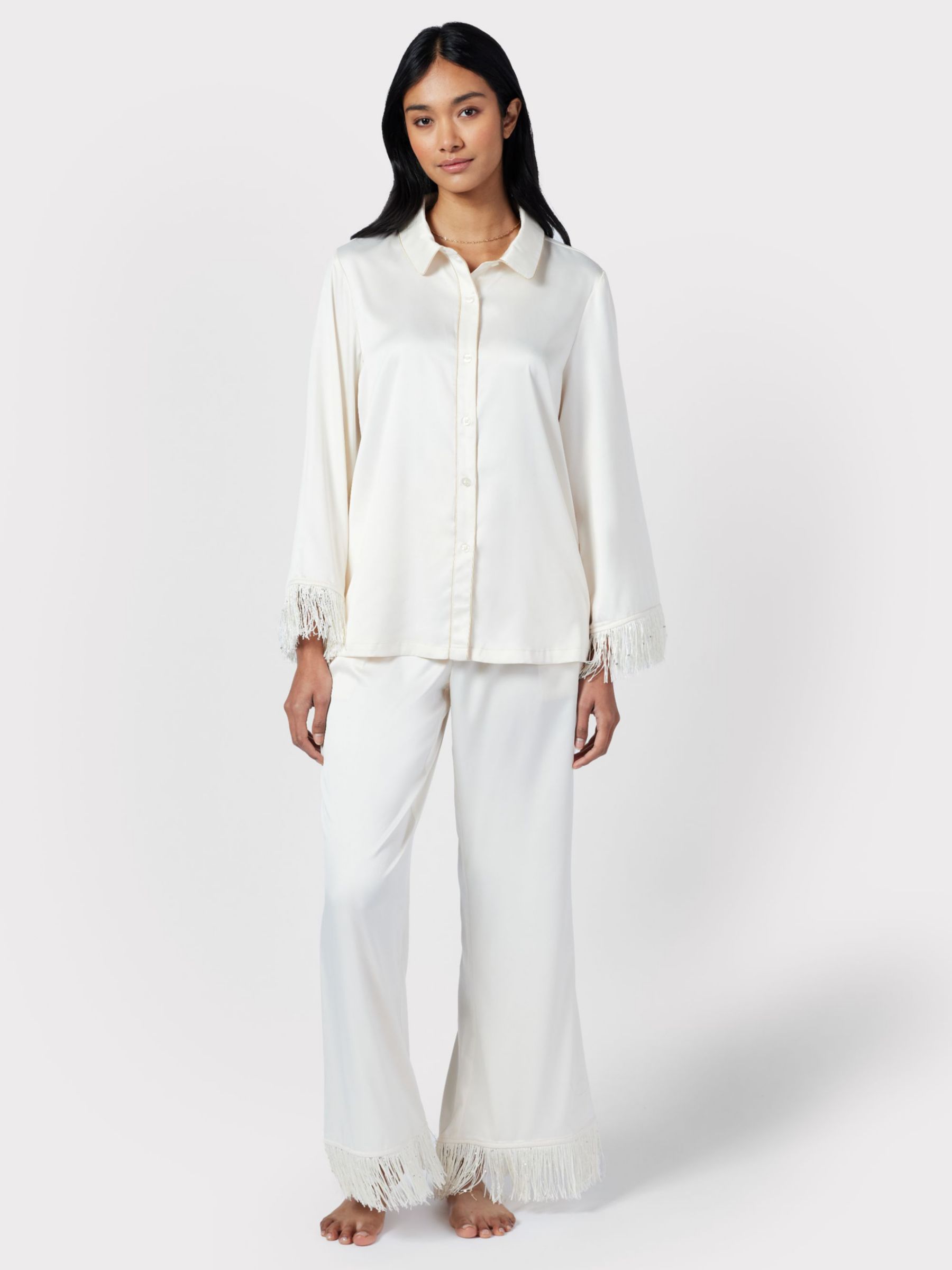 Buy Chelsea Peers Satin Fringe Trim Pyjama Set, Off White Online at johnlewis.com