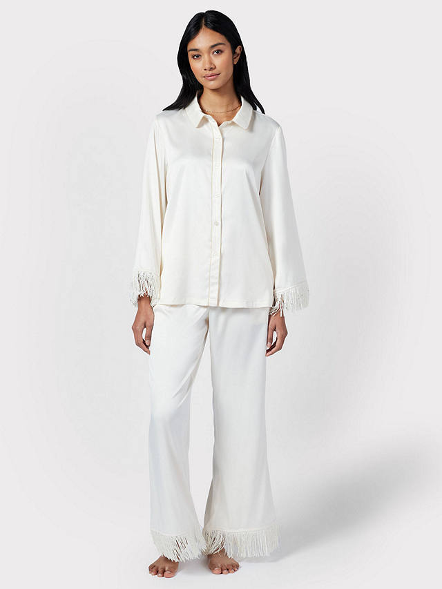 Chelsea Peers Satin Fringe Trim Pyjama Set, Off White
