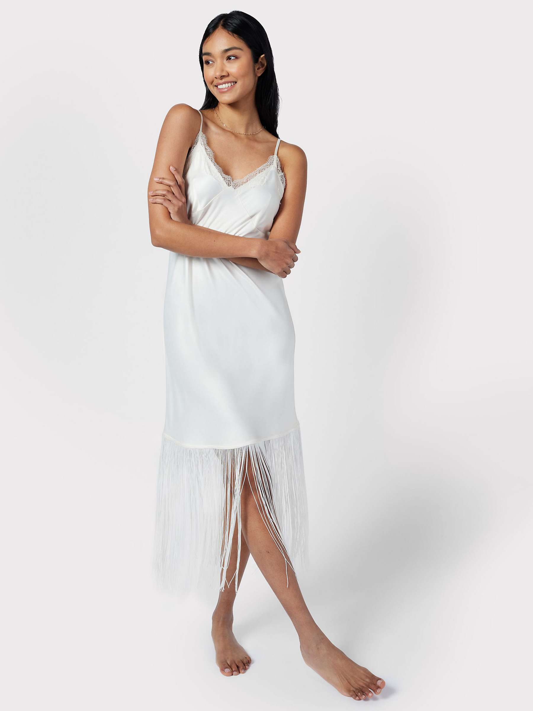 Buy Chelsea Peers Satin Fringe Trim Slip Nightdress, Off White Online at johnlewis.com
