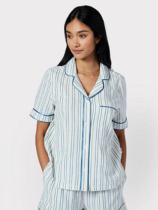 Chelsea Peers Poplin Stripe Short Pyjama Set, Off White/Blue
