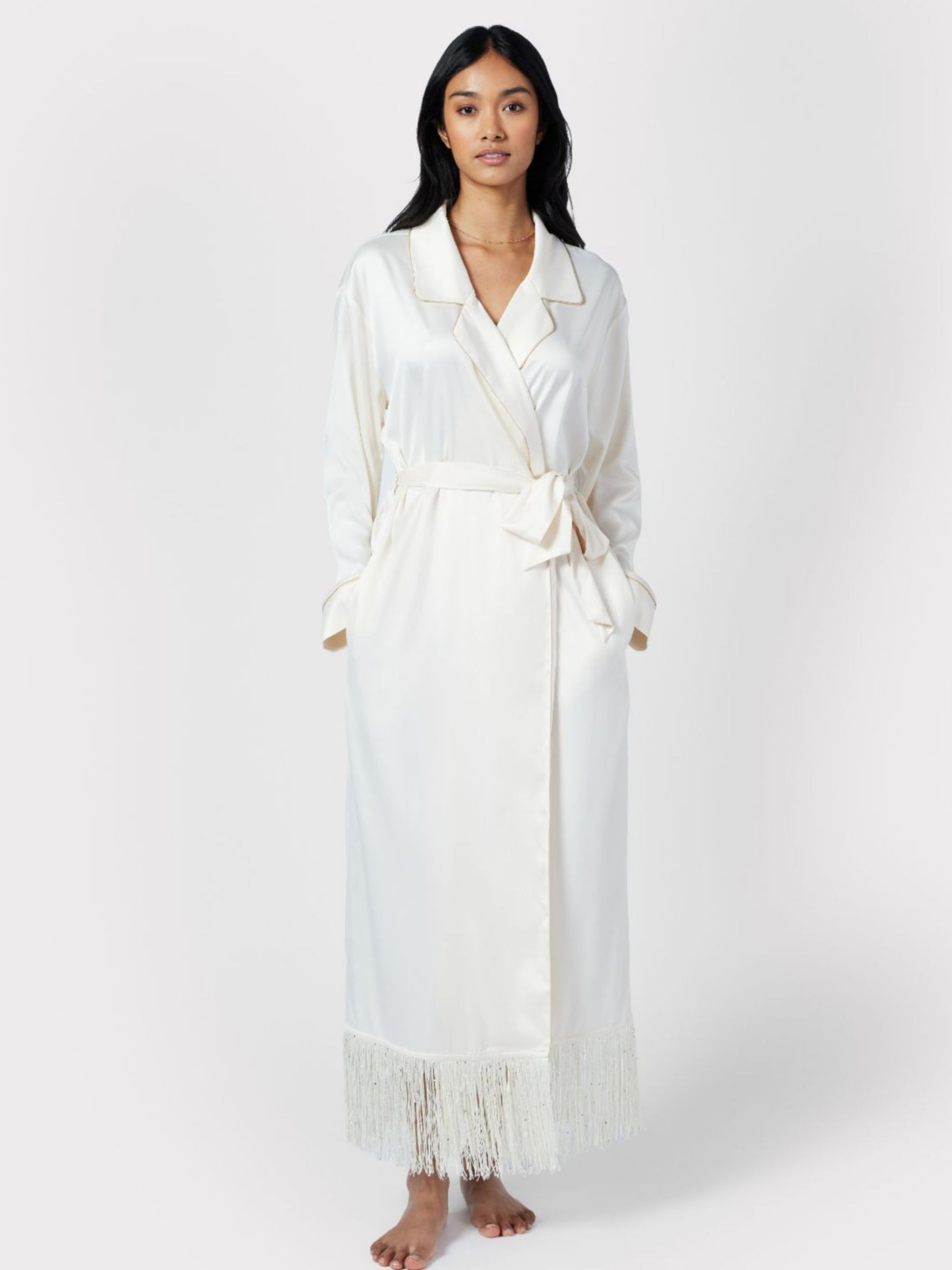 Chelsea Peers Satin Fringe Trim Dressing Gown, Off White, 6