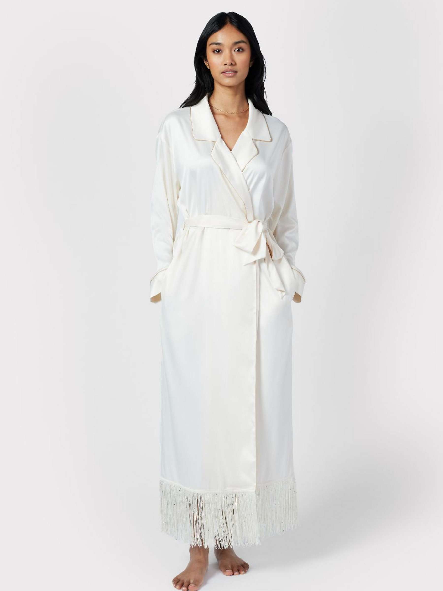 Buy Chelsea Peers Satin Fringe Trim Dressing Gown, Off White Online at johnlewis.com