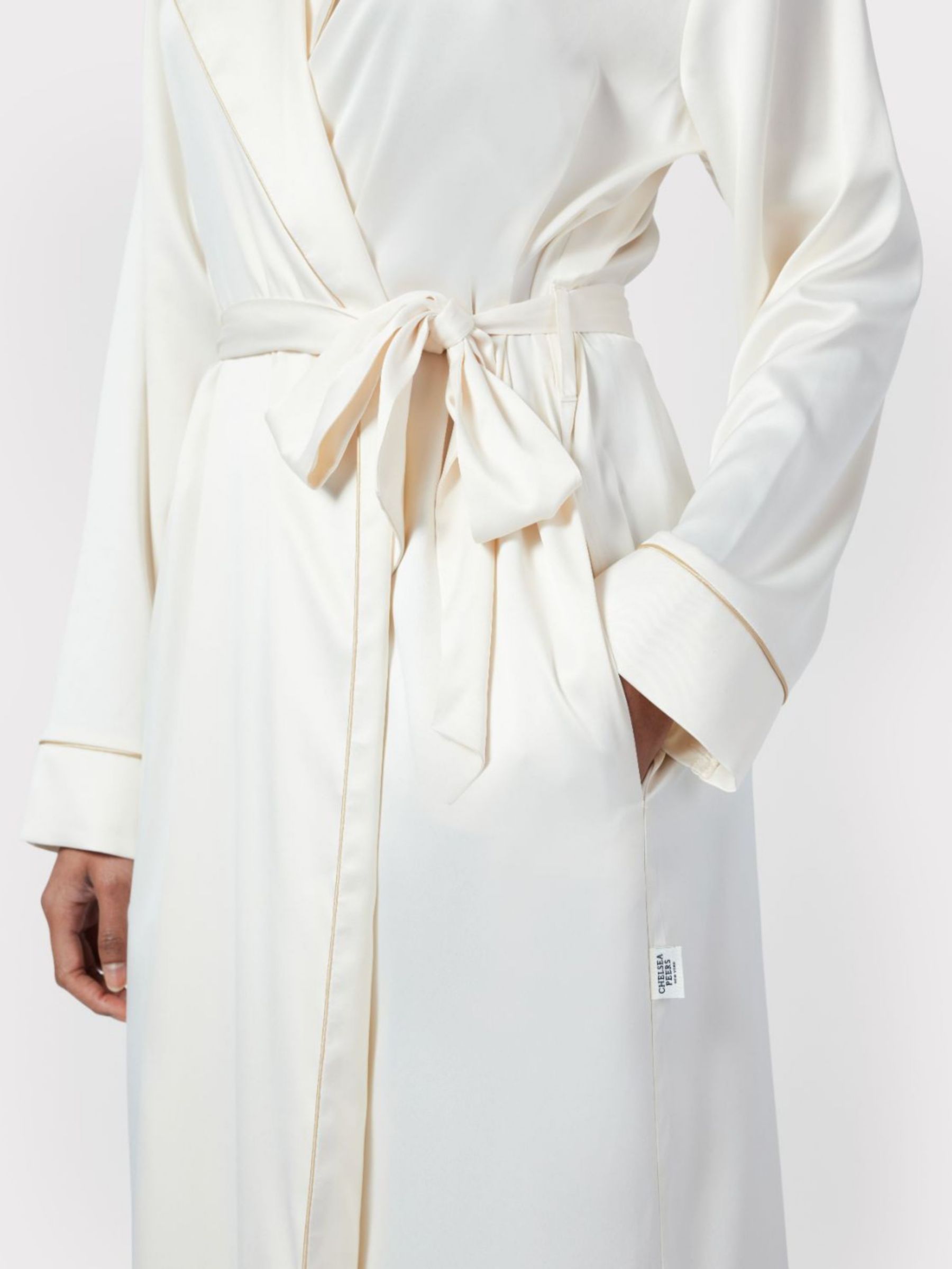 Chelsea Peers Satin Fringe Trim Dressing Gown, Off White, 6