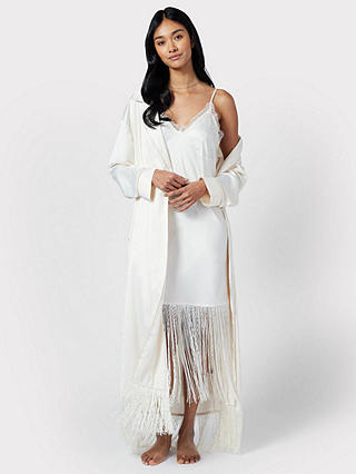 Chelsea Peers Satin Fringe Trim Dressing Gown, Off White