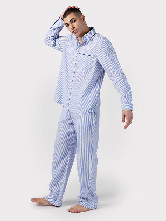 Chelsea Peers Linen Blend Poplin Stripe Pyjama Bottoms, Navy/White
