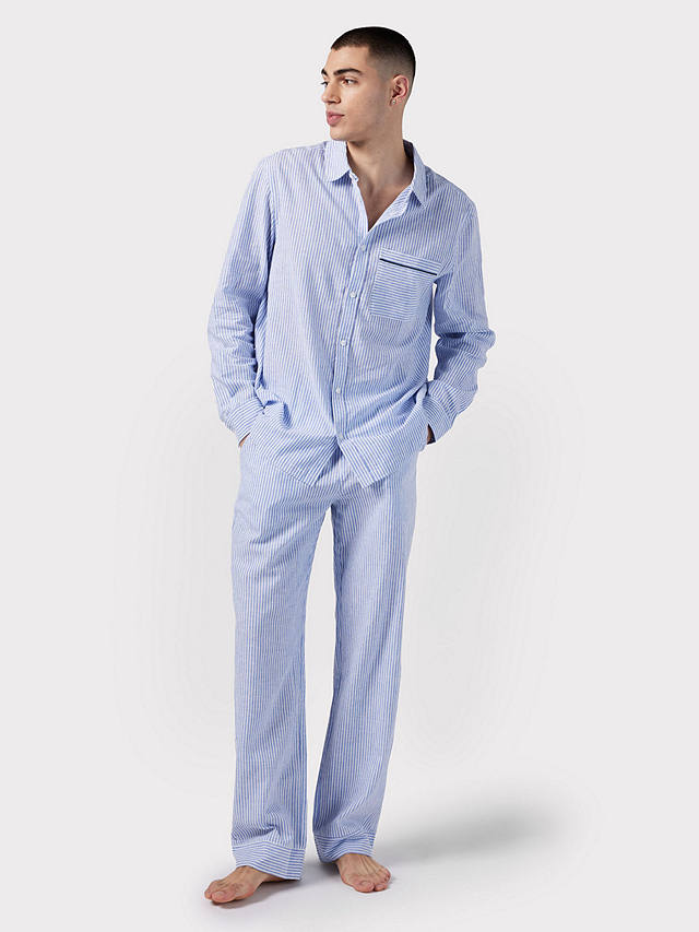 Chelsea Peers Linen Blend Poplin Stripe Pyjama Shirt, Navy/White