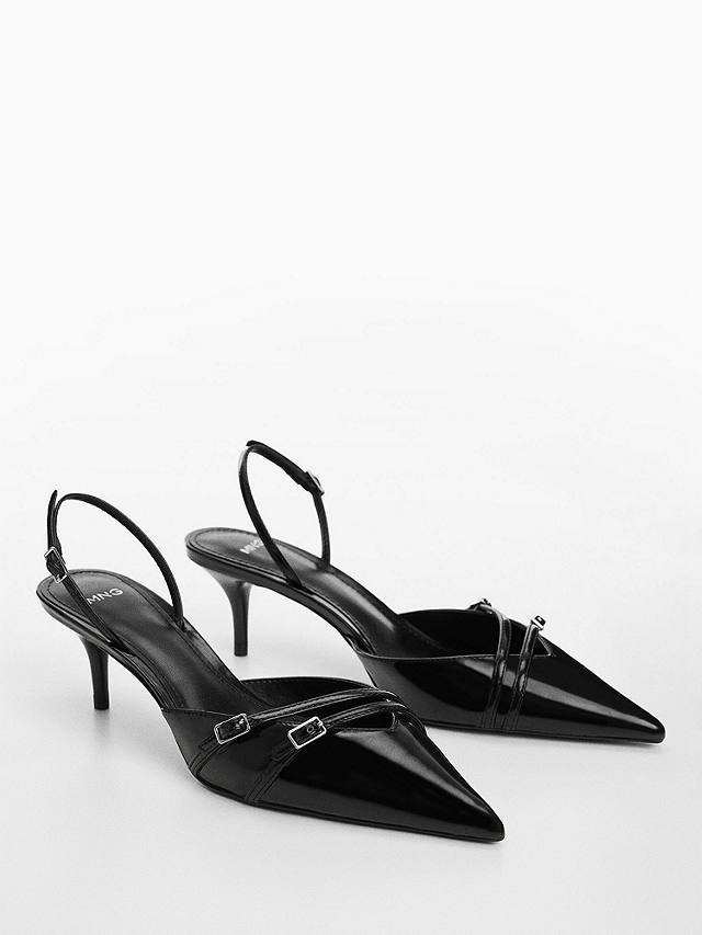 Mango Tira Slingback Buckle Detail Kitten Heel Shoes, Black