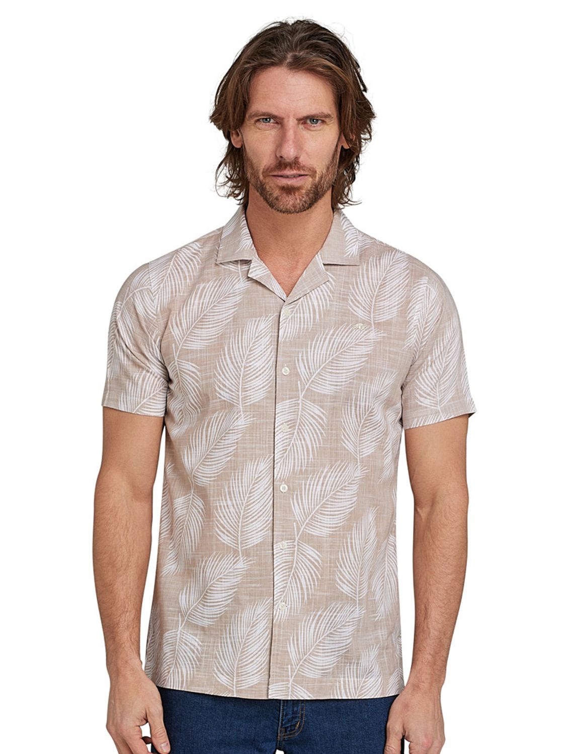 Raging Bull Palm Leaf Cotton Shirt, Brown/White, S
