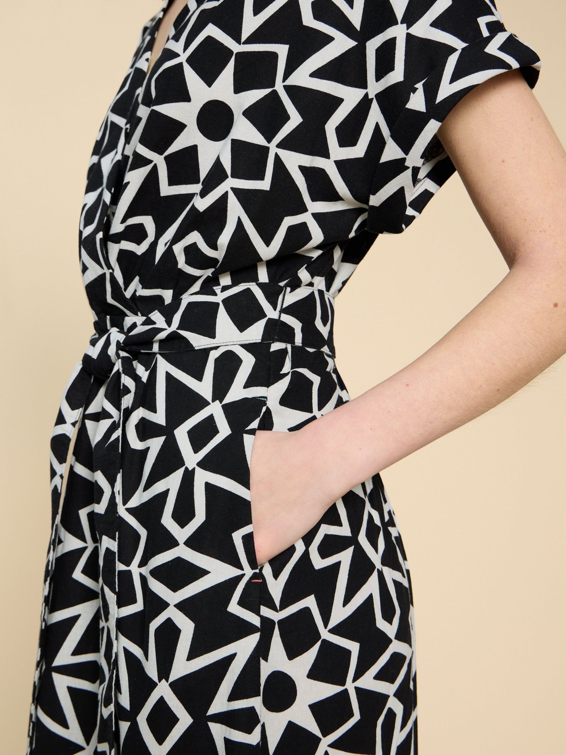 Buy White Stuff Sophie Geometric Print Linen Blend Midi Wrap Dress, Black/White Online at johnlewis.com