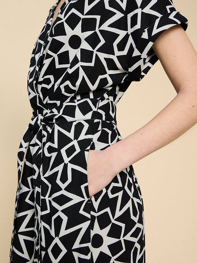 White Stuff Sophie Geometric Print Linen Blend Midi Wrap Dress, Black/White