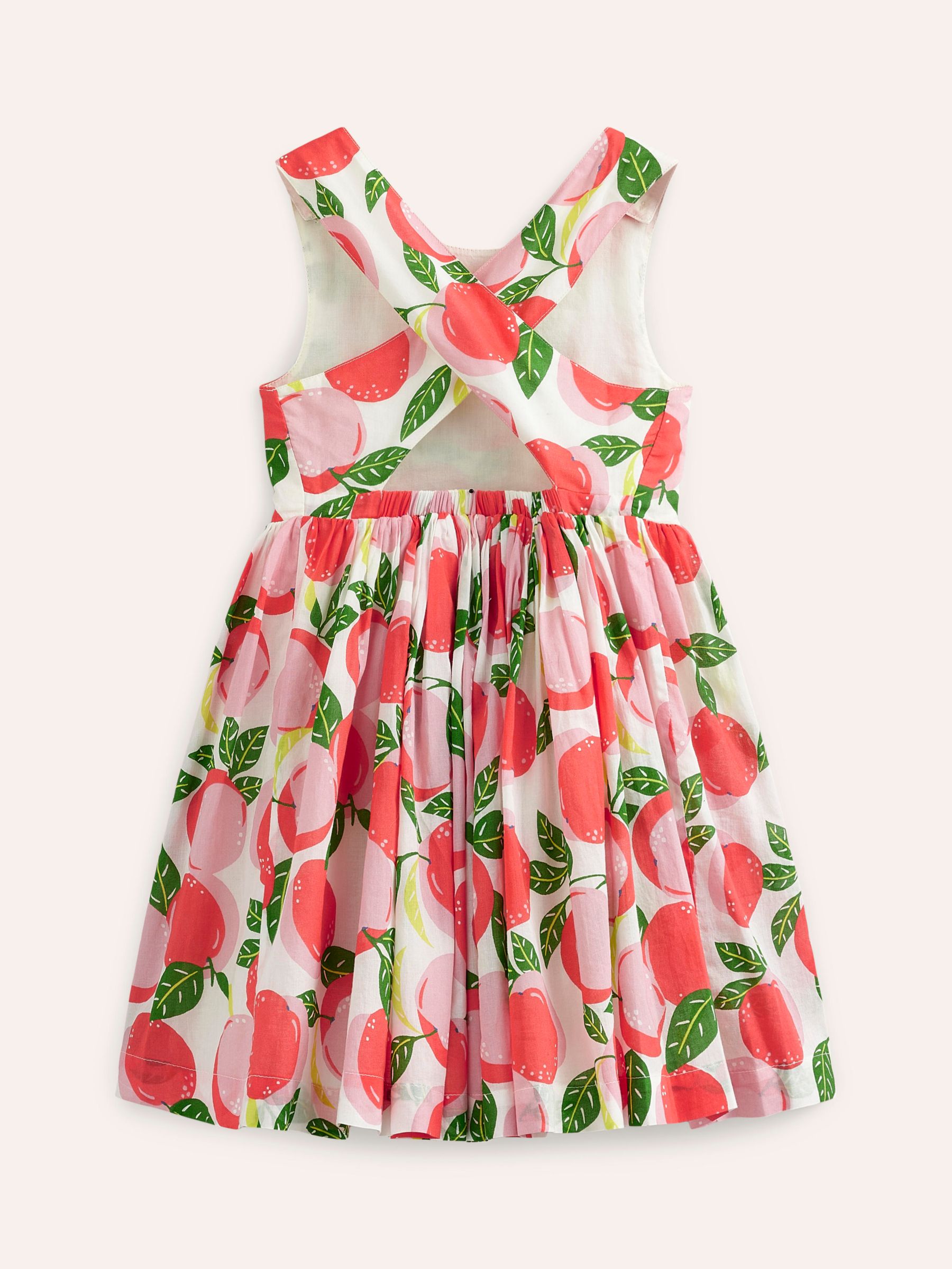 Mini Boden Kids' Peach Print Cross-Back Dress, Ivory Peaches, 3-4Y