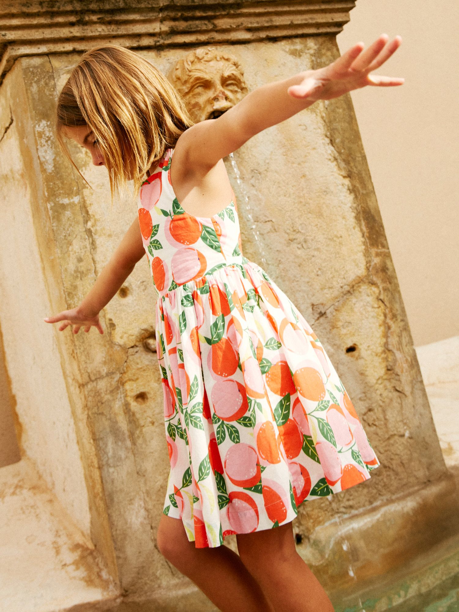 Mini Boden Kids' Peach Print Cross-Back Dress, Ivory Peaches, 3-4Y