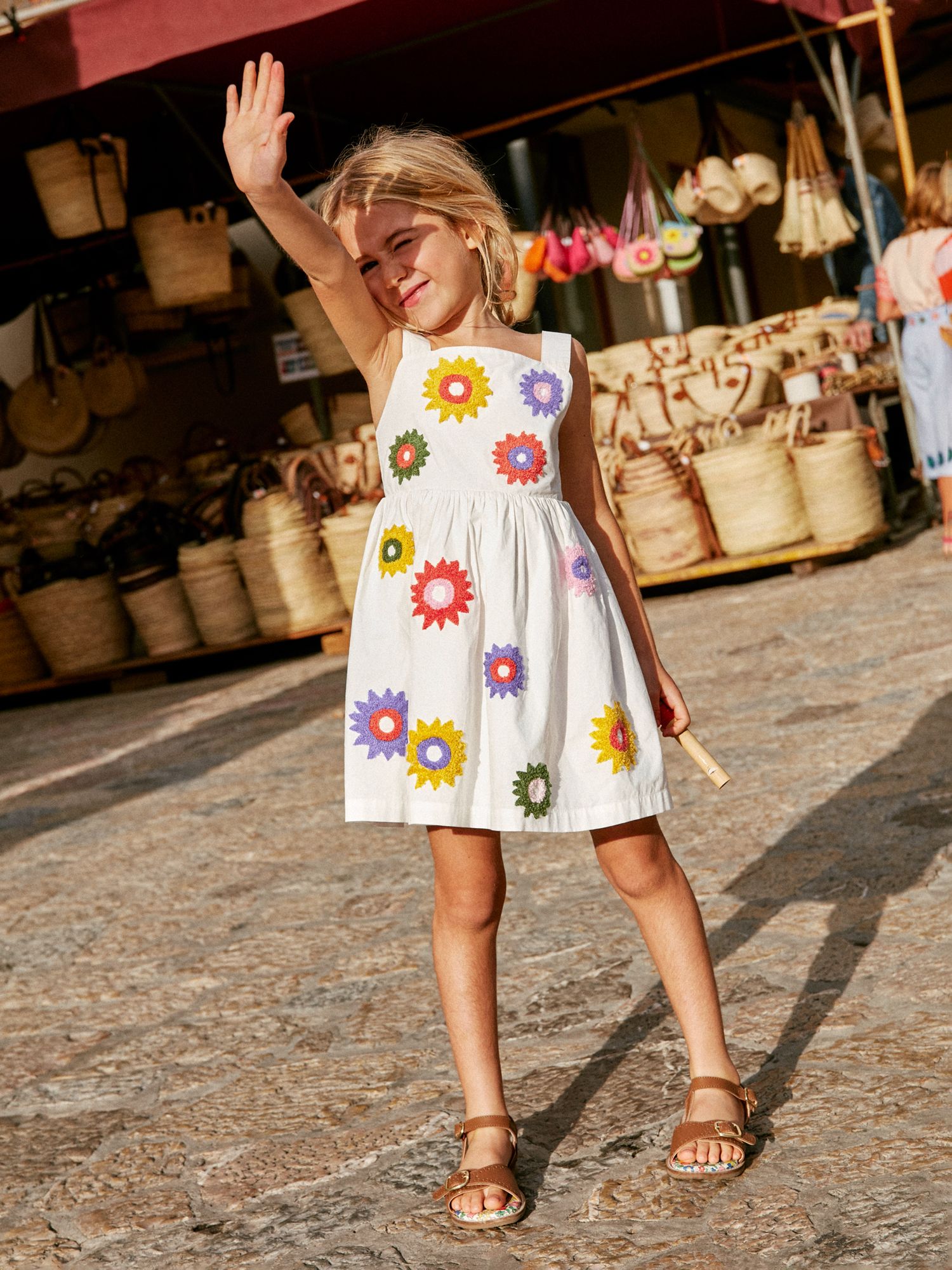 Mini Boden Kids' Floral Textured Applique Dress, Ivory/Multi, 6-7Y