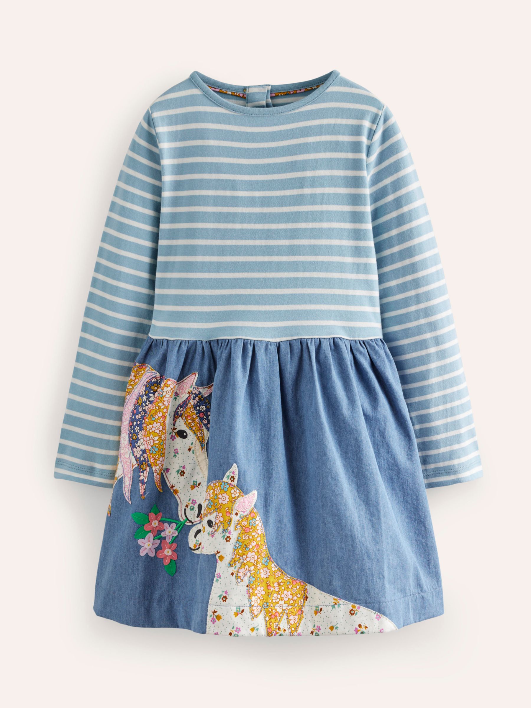 Mini Boden Kids' Horses Applique Hem Dress, Chambray Blue, 5-6Y