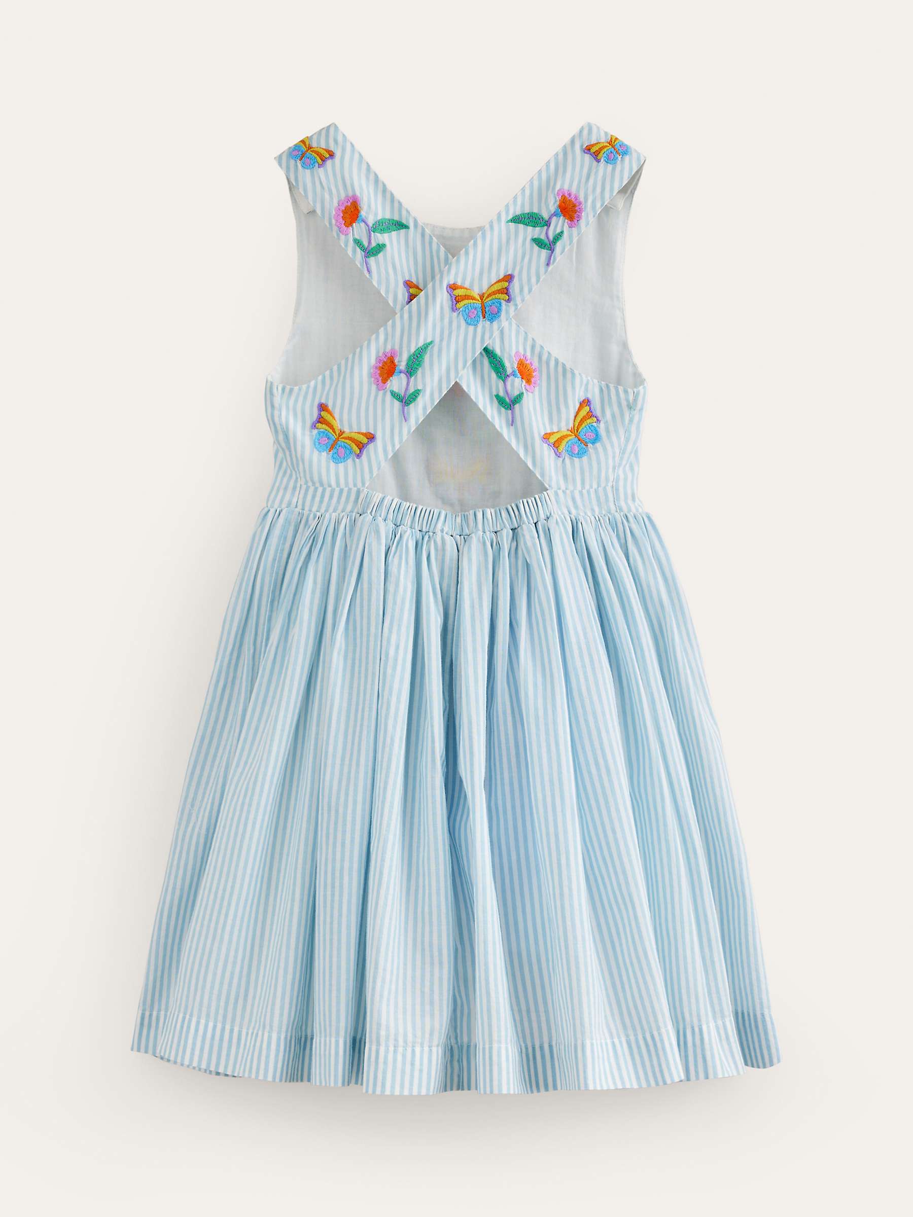 Buy Mini Boden Kids' Floral & Butterfly Embroidered Stripe Cross Back Dress, Blue/Ivory Online at johnlewis.com