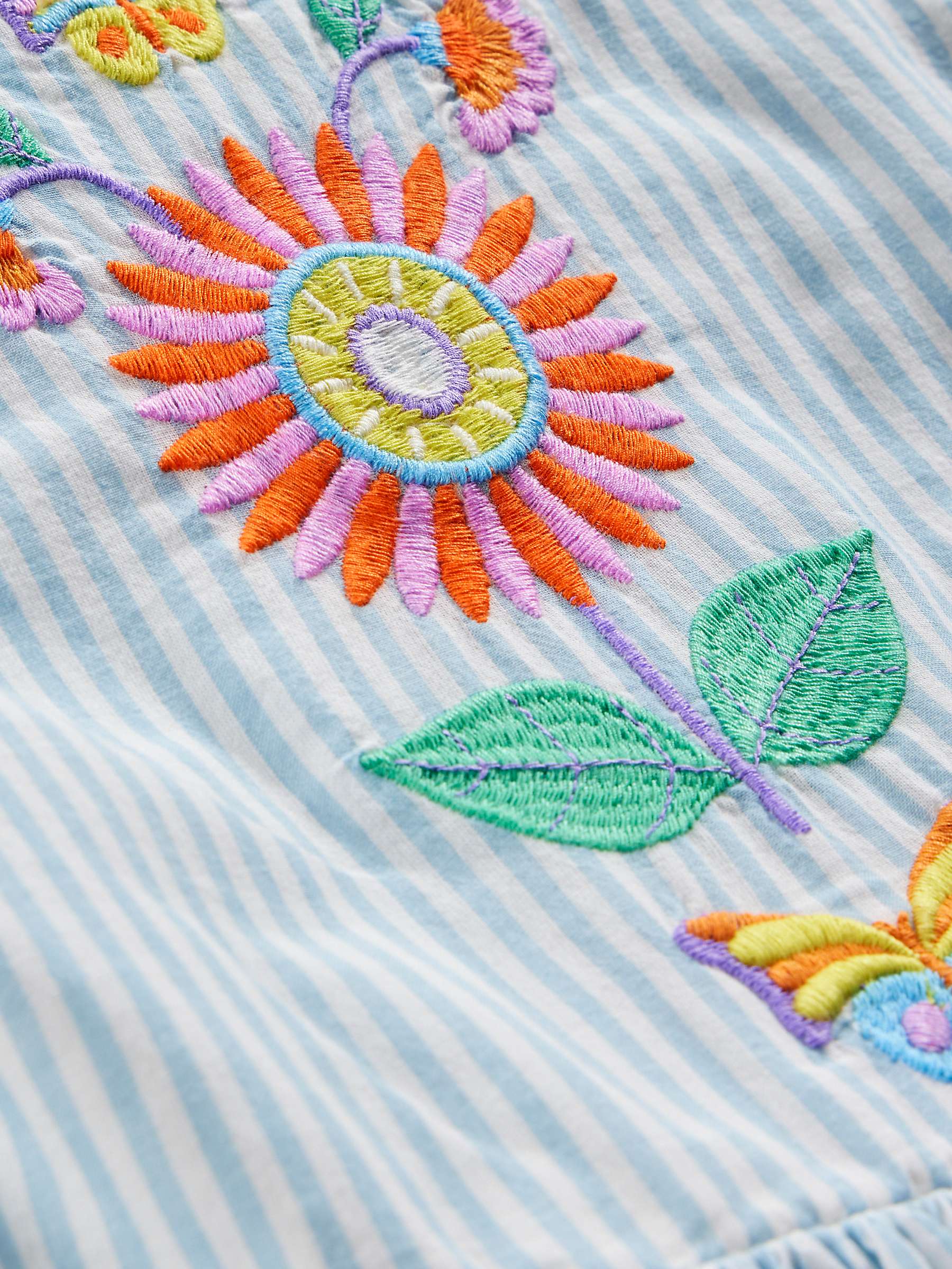 Buy Mini Boden Kids' Floral & Butterfly Embroidered Stripe Cross Back Dress, Blue/Ivory Online at johnlewis.com