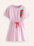 Mini Boden Kids' Ice Cream Applique Short Sleeve Tie Waist Dress, Pink/Ivory