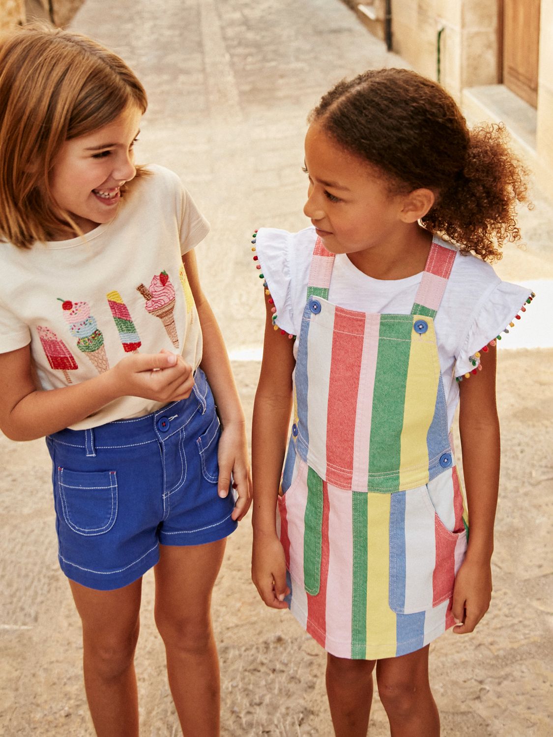 Mini Boden Kids' Rainbow Stripe Dungaree Dress, Multi, 3-4Y