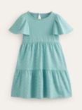 Mini Boden Kids' Spot Flutter Short Sleeve Jersey Tiered Dress, Aqua Sea