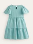 Mini Boden Kids' Spot Flutter Short Sleeve Jersey Tiered Dress, Aqua Sea