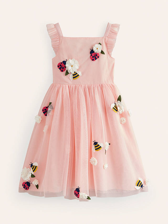 Mini Boden Kids' Ladybird & Bee Applique Tulle Dress, Dusty Pink Bugs