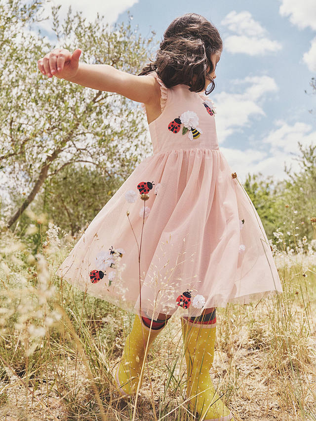 Mini Boden Kids' Ladybird & Bee Applique Tulle Dress, Dusty Pink Bugs