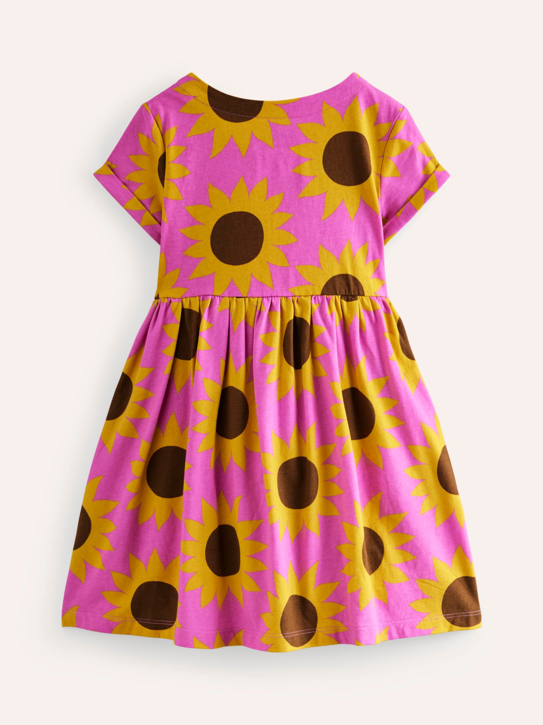 Mini Boden Kids' Fun Sunflower Print Short Sleeve Jersey Dress , Pink/Multi, 8-9Y