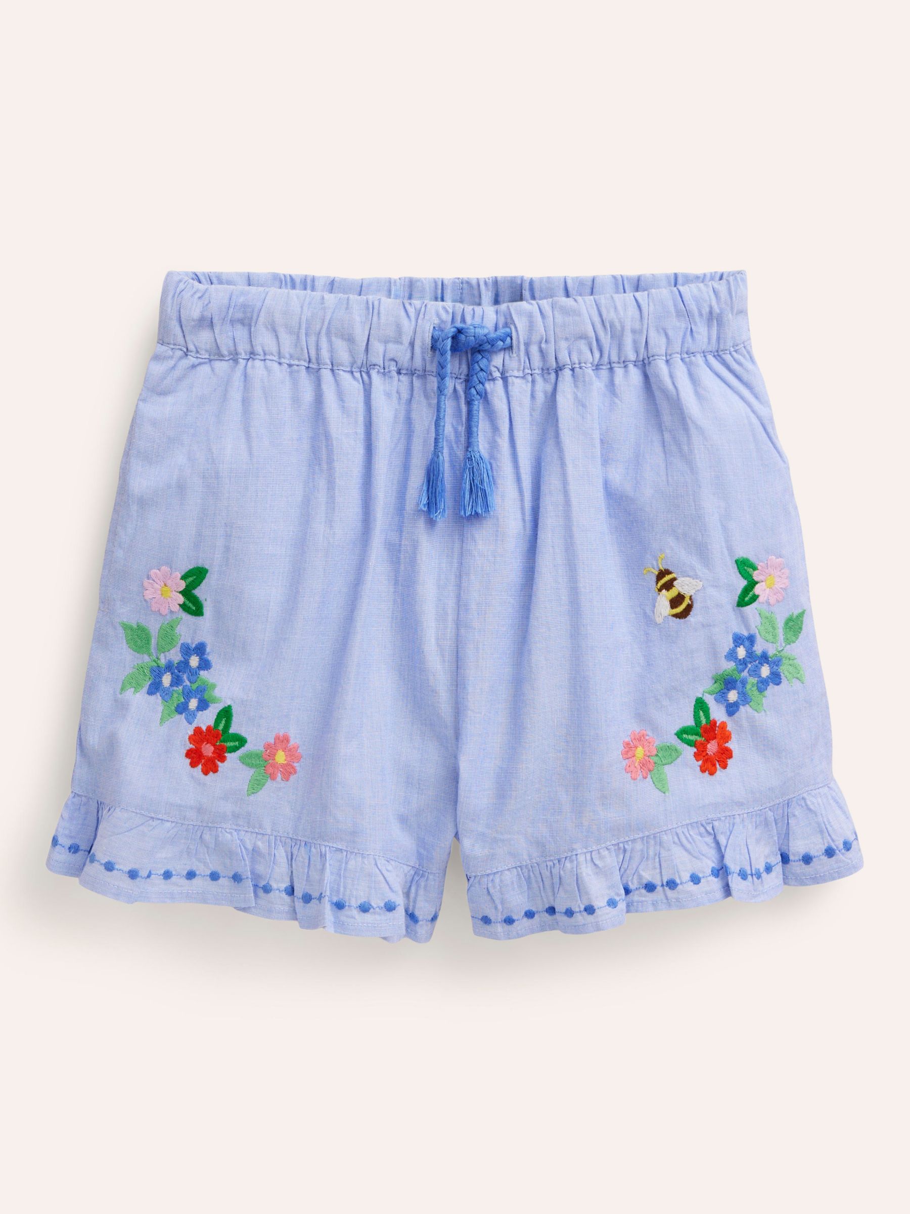 Mini Boden Kids' Floral Embroidered Frill Hem Drawstring Shorts, Blue End, 6Y