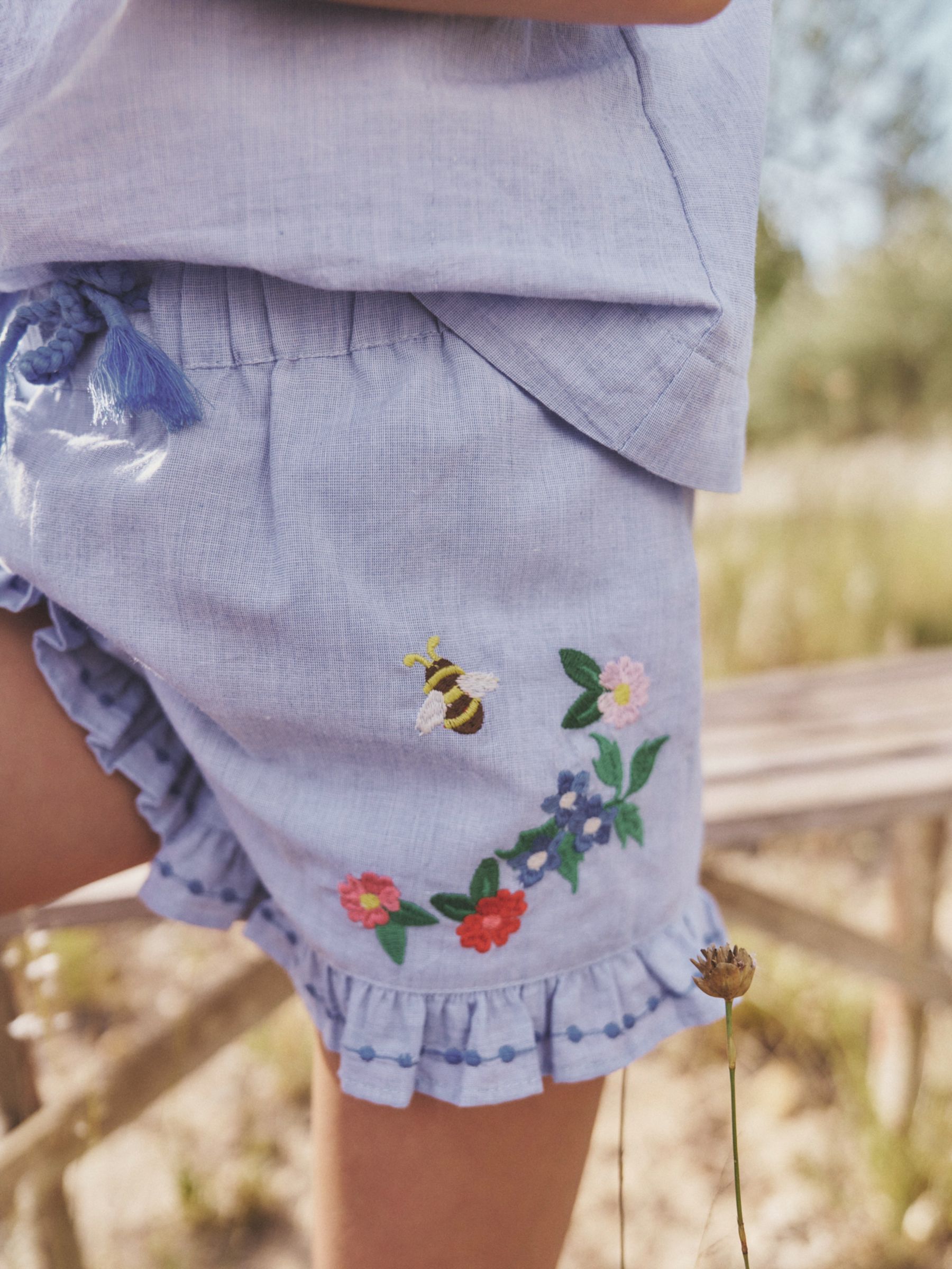 Mini Boden Kids' Floral Embroidered Frill Hem Drawstring Shorts, Blue End, 6Y