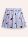 Mini Boden Kids' Ladybug Embroidered Stripe Button Through Twirly Skirt, Blue/Multi