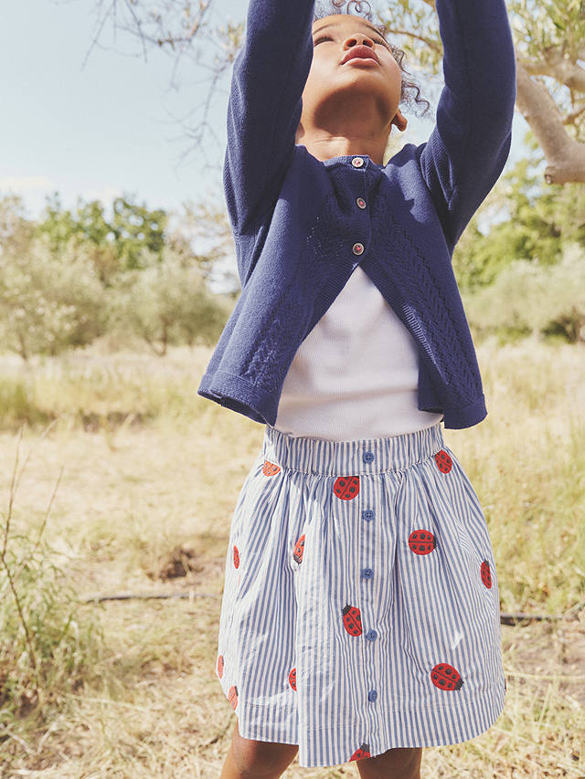 Mini Boden Kids' Ladybug Embroidered Stripe Button Through Twirly Skirt, Blue/Multi