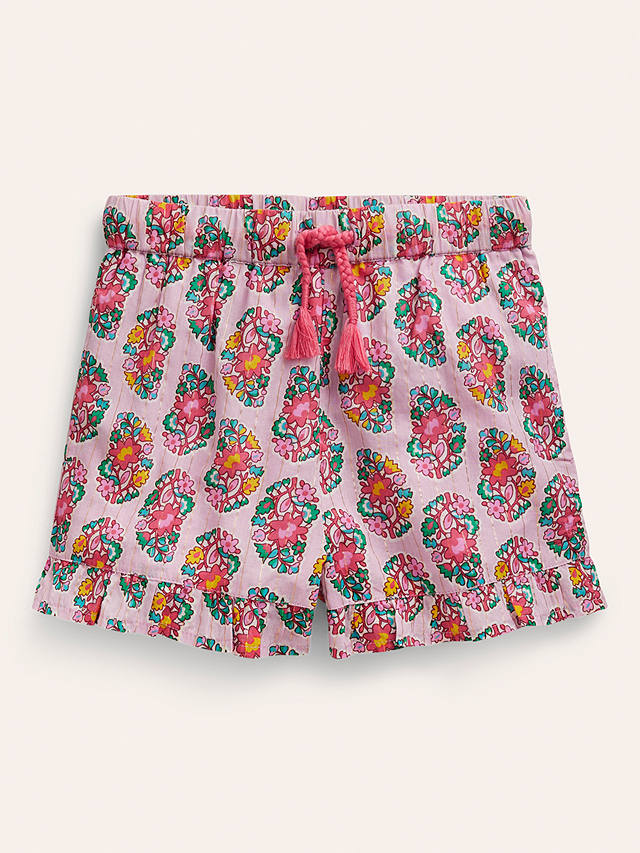 Mini Boden Kids' Floral Print Frill Hem Drawstring Shorts, Almond Pink