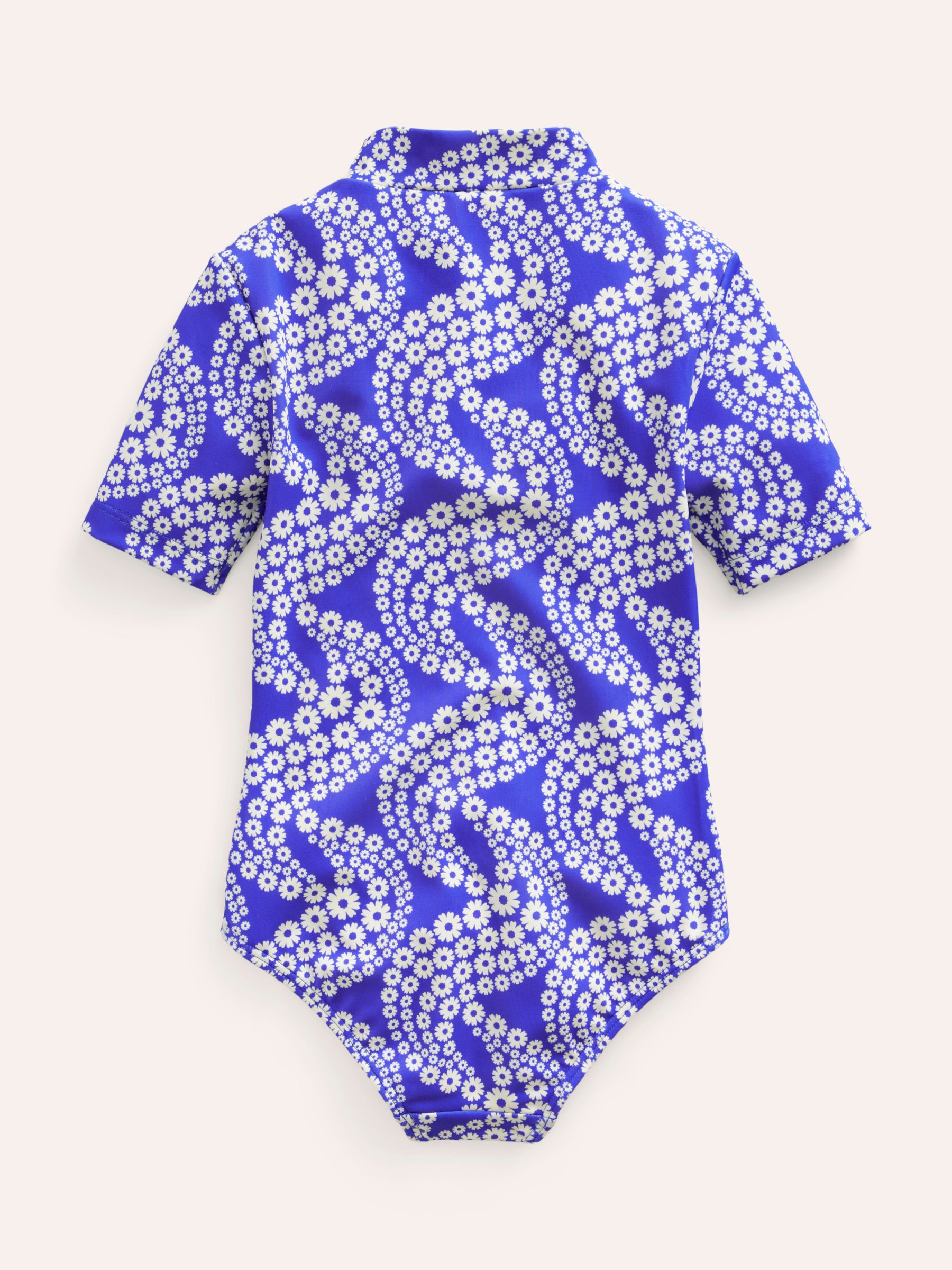 Mini Boden Kids' Floral Wave Print Short Sleeve Swimsuit, Blue Daisy, 2-3Y
