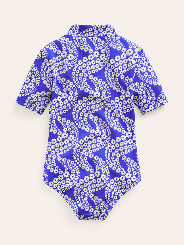 Mini Boden Kids' Floral Wave Print Short Sleeve Swimsuit, Blue Daisy