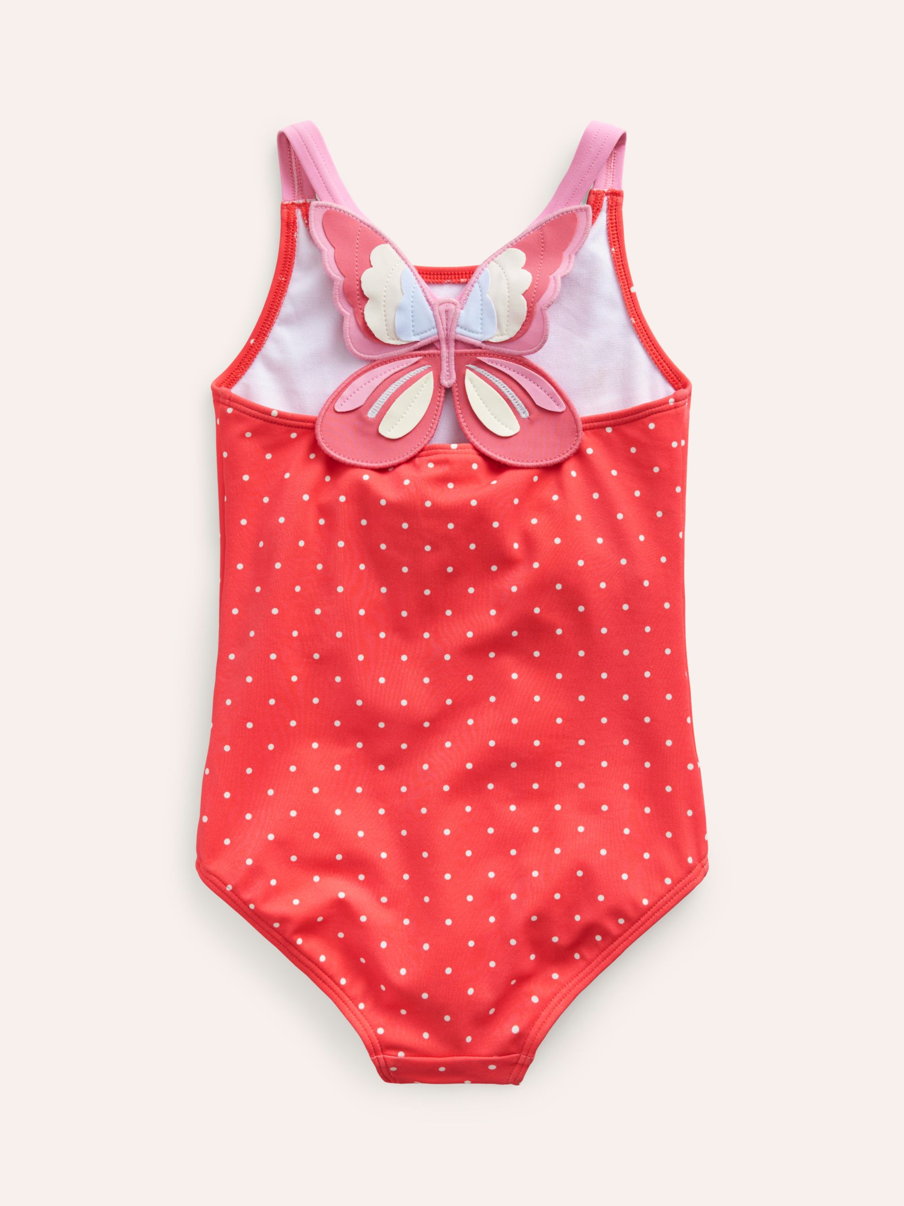 Mini Boden Kids' Spot Print Butterfly Back Swimsuit, Coral, 5-6Y