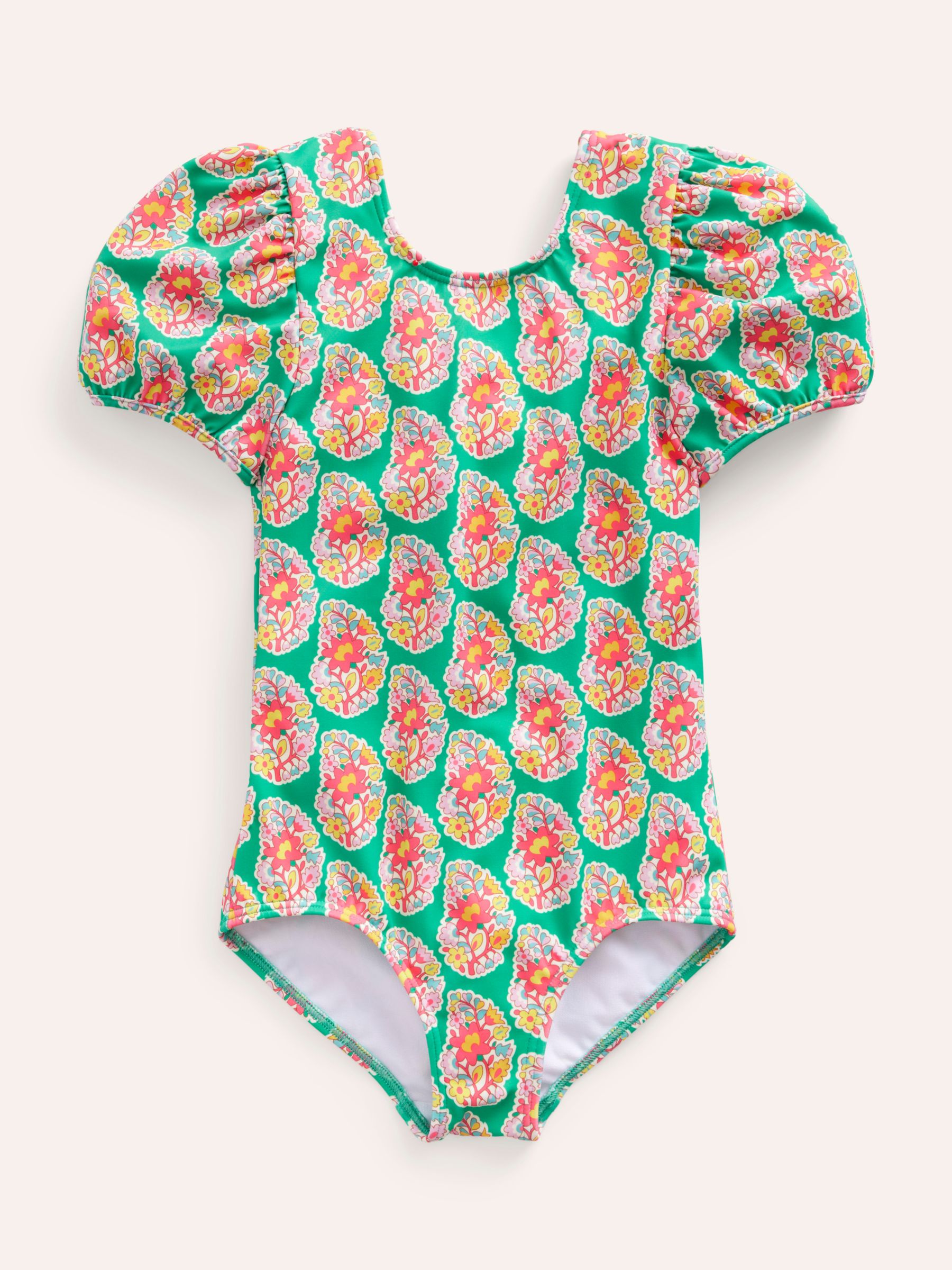 Mini Boden Kids' Floral Print Puff Sleeve Swimsuit, Jade Green Paisley, 11-12Y