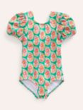Mini Boden Kids' Floral Print Puff Sleeve Swimsuit, Jade Green Paisley
