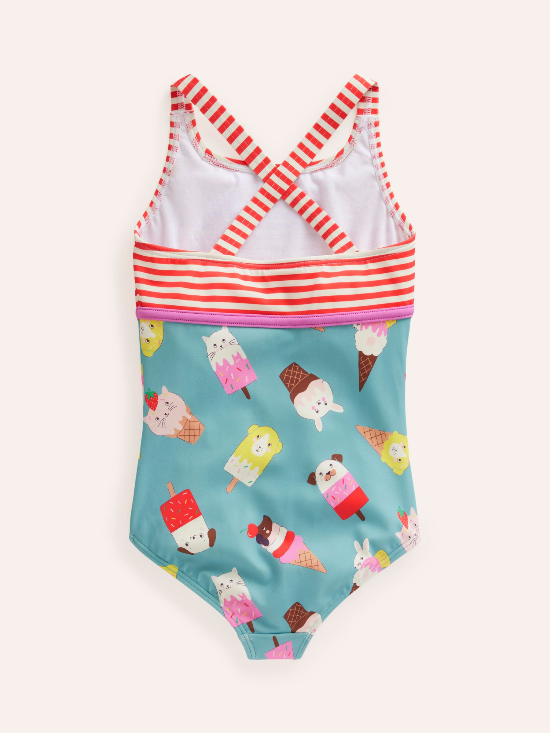Mini Boden Kids' Stripe Ice Cream Hotchpotch Swimsuit, Sea/Pets, 2-3Y