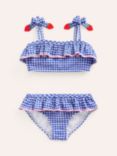 Mini Boden Kids' Seersucker Gingham Frilly Bikini, Blue Strawberries