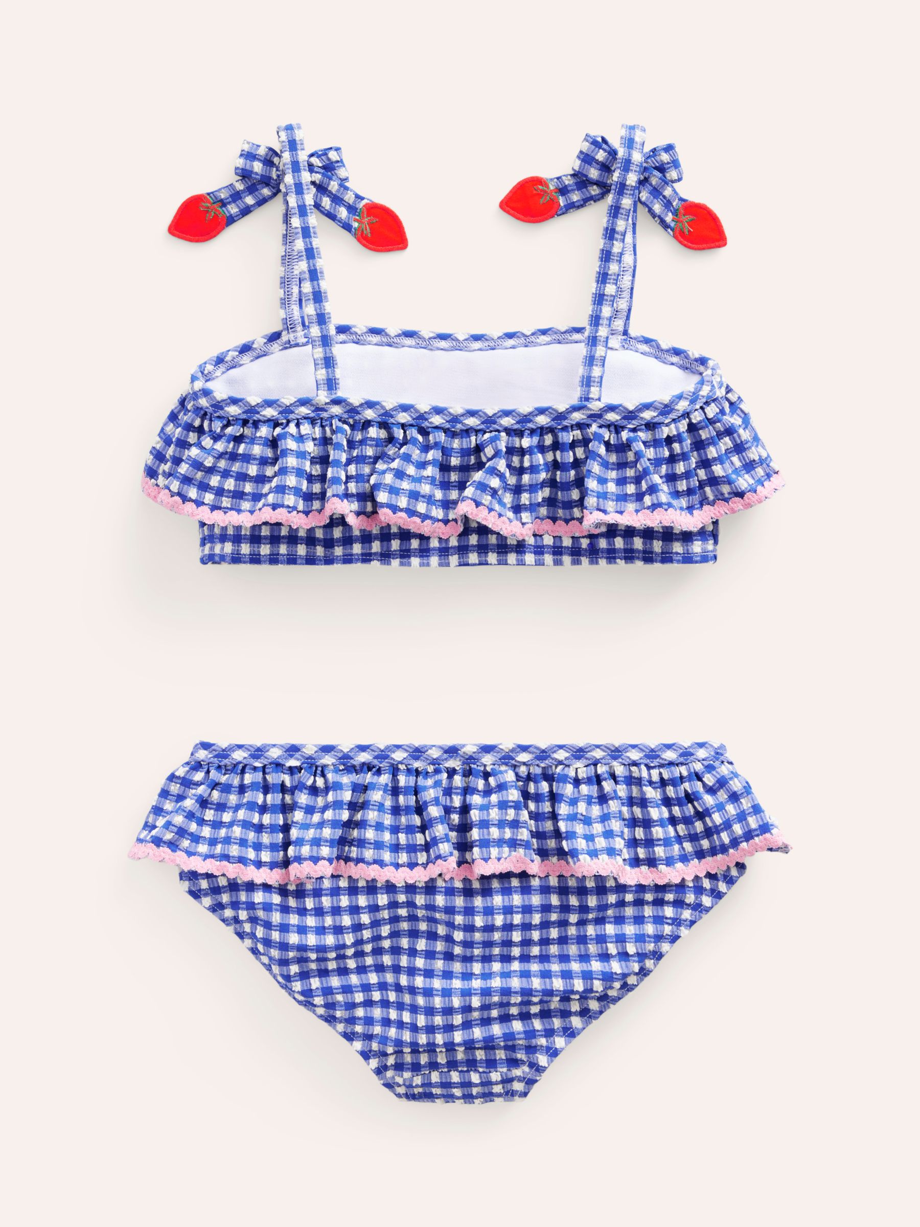 Mini Boden Kids' Seersucker Gingham Frilly Bikini, Blue Strawberries, 7-8Y