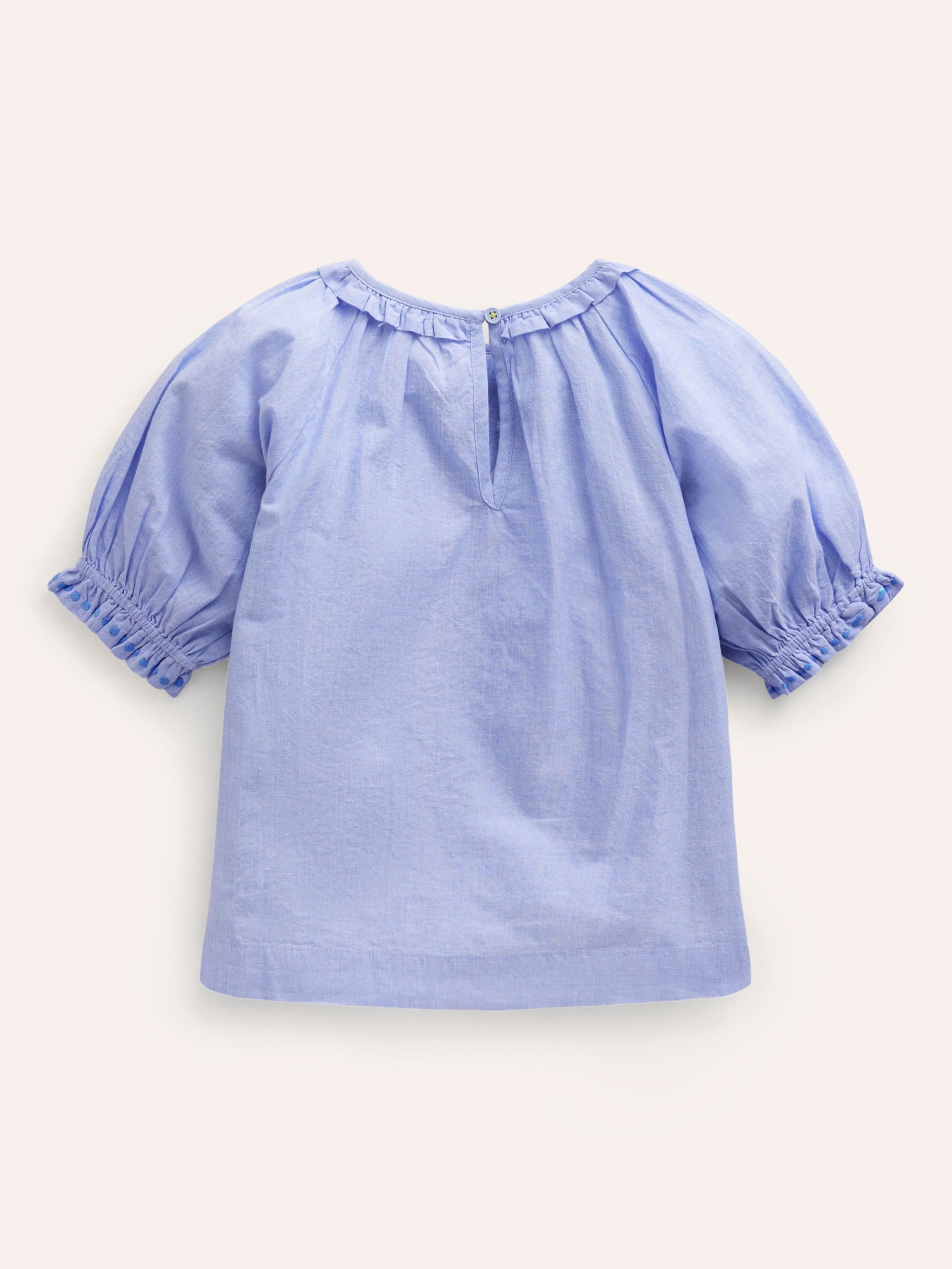 Buy Mini Boden Kids' Floral Embroidered Ruffle Woven Top, Blue End On End Online at johnlewis.com