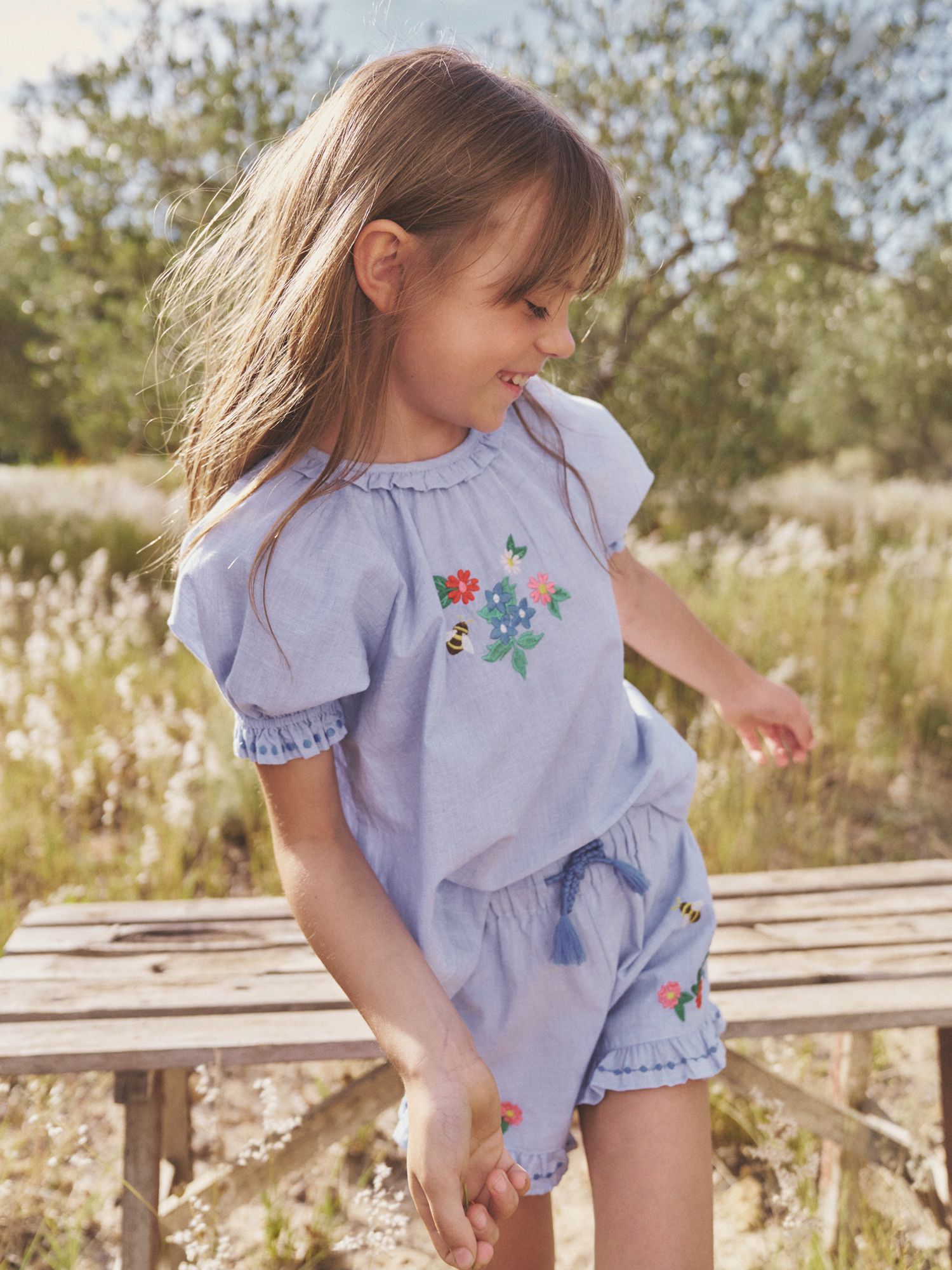 Buy Mini Boden Kids' Floral Embroidered Ruffle Woven Top, Blue End On End Online at johnlewis.com