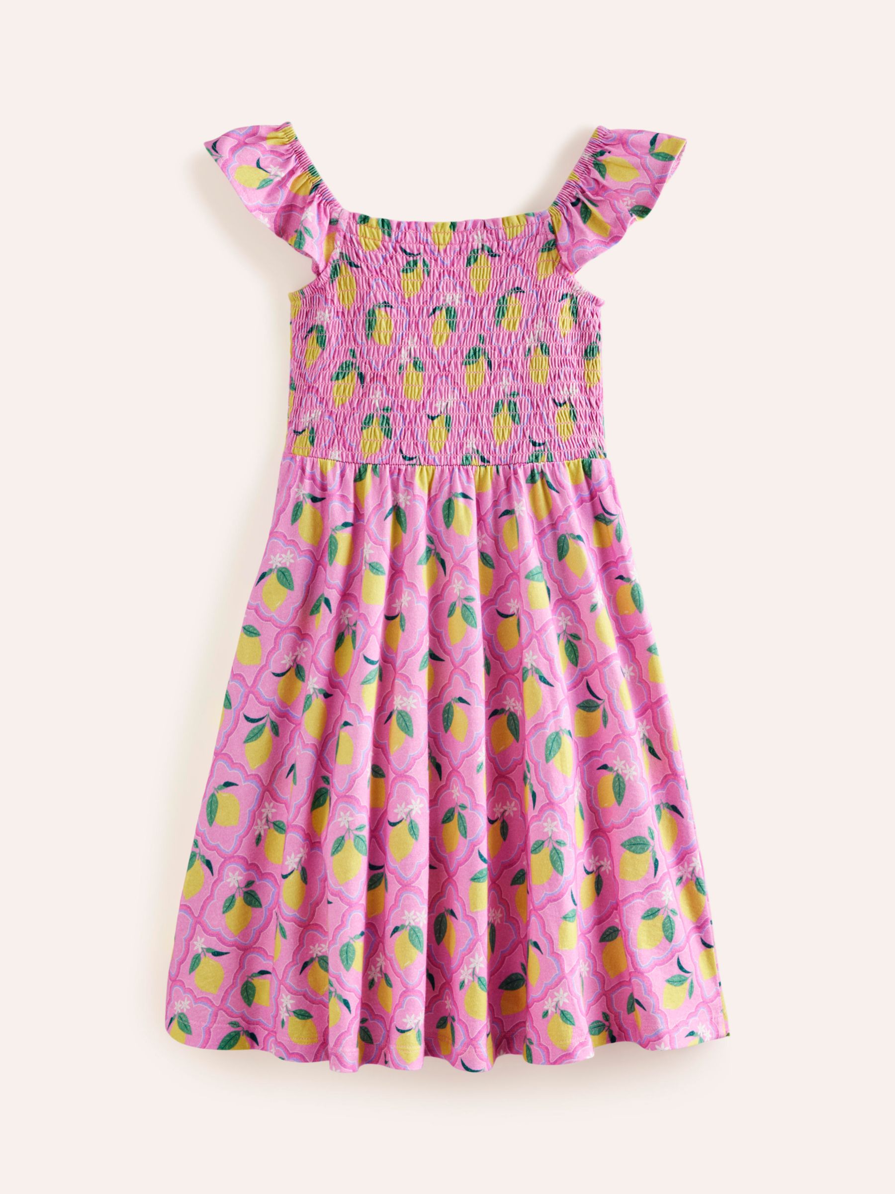 Buy Mini Boden Kids' Lemon Print Shirred Jersey Dress, Pink Grove Online at johnlewis.com