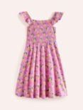 Mini Boden Kids' Lemon Print Shirred Jersey Dress, Pink Grove