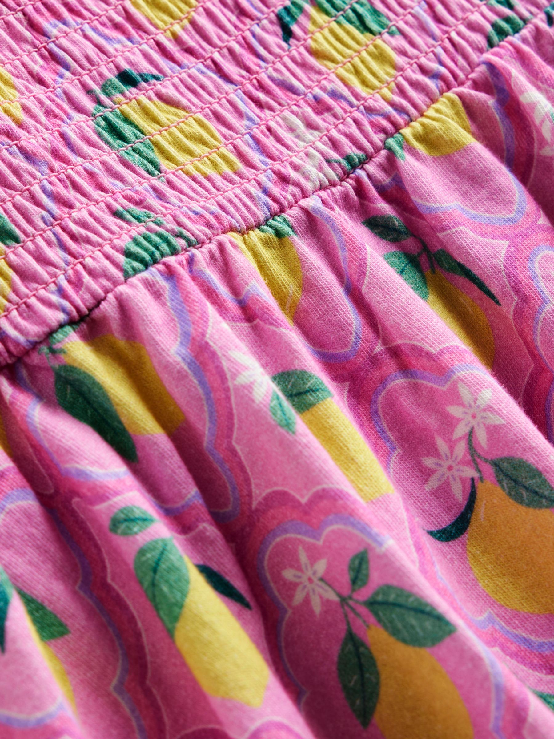 Mini Boden Kids' Lemon Print Shirred Jersey Dress, Pink Grove, 2-3Y