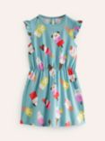 Mini Boden Kids' Animal Ice Cream Print Frill Sleeve Jersey Dress, Aqua Sea