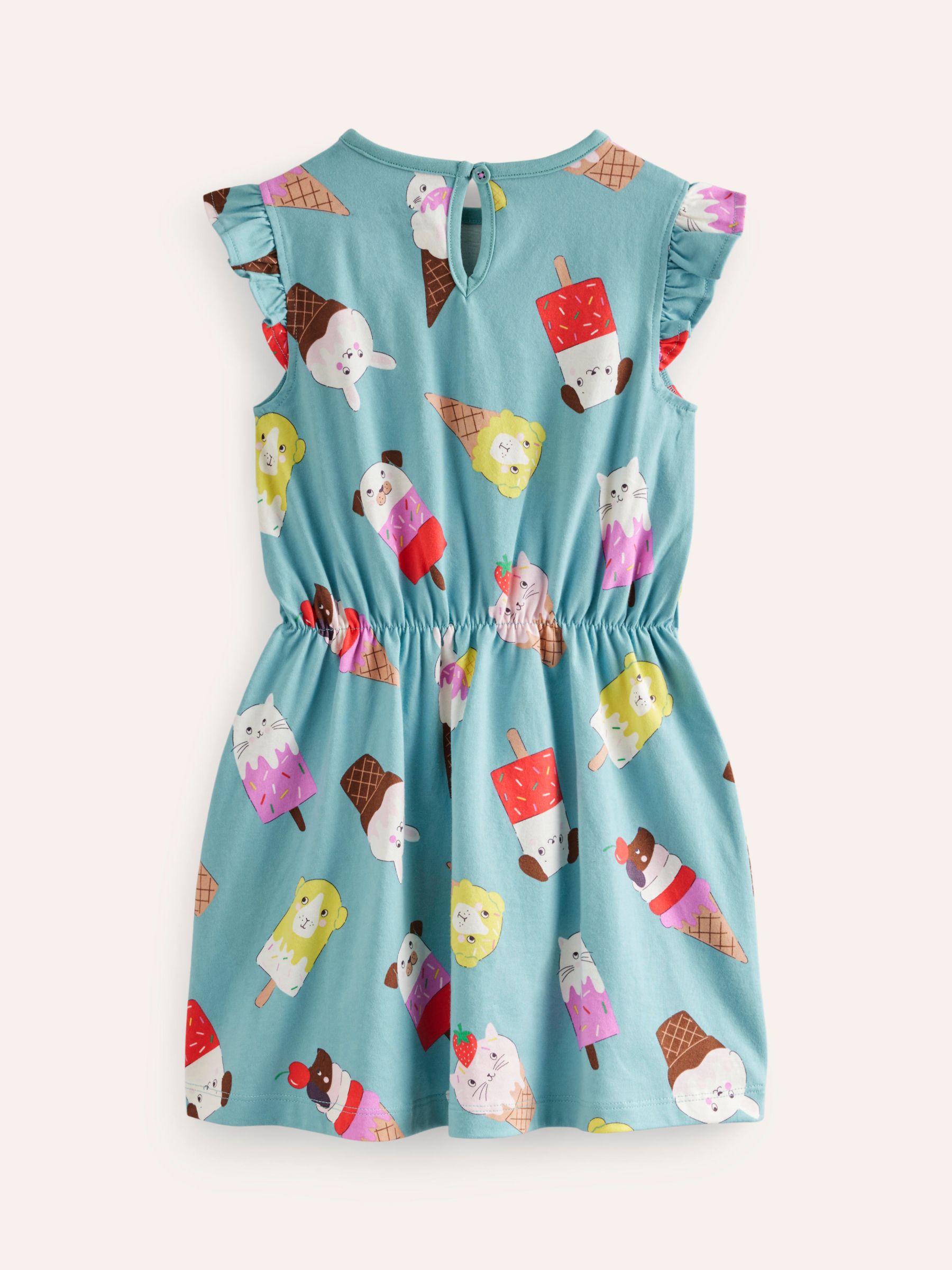 Mini Boden Kids' Animal Ice Cream Print Frill Sleeve Jersey Dress, Aqua Sea, 6-7Y